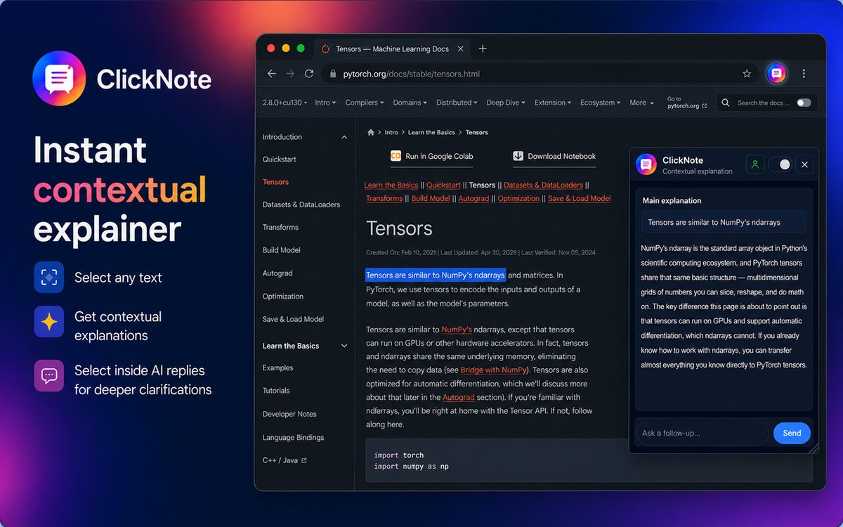 ClickNote's explanation panel open beside a selected passage on a webpage